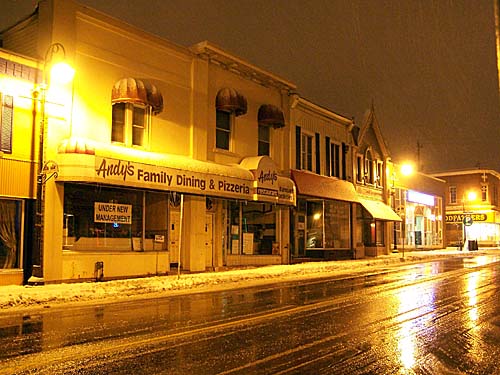 Mill Street East - downtown Acton, Ontario during a night time snowfall