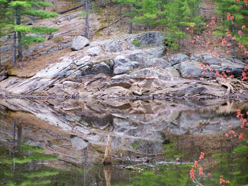 Swift Rapids Dam back bay, water drained for spring melt run off, standing water allows for a picture of the reflection of the rocks of the Canadian Shield