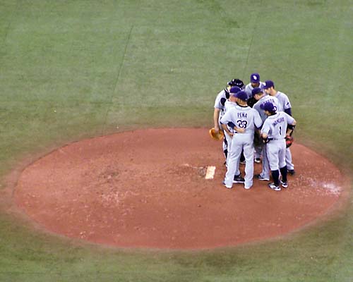 Tampa Bay Devil Rays gather at the pitchers mound during their September 7, 2008 loss to Toronto Blue Jays at the Toronto Rogers Centre