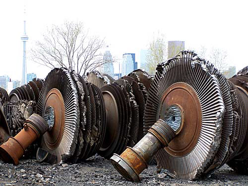 Old turbines from the Hearn Electrical Generating plant await further disposal in Toronto