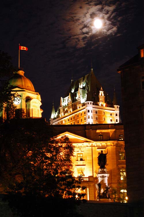 Old town of Quebec in the moonlight. Chateau Frontenac is centre in the picture