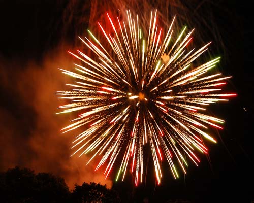 A large firework explodes above the treeline at Acton's Prospect Park during the 2008 Canada Day celebrations