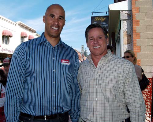 Canadian decathalete Michael Smith with Liberal candidate Bruce Bowser in Acton, Ontario