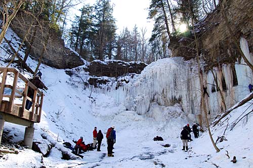 Tiffany Falls, Hamilton, Ontario. Ice climbers at frozen waterfalls.