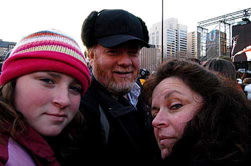 Erin, Joe and Ann in the crowd of thousands at Nathan Phillips Square at Toronto's City Hall during the 2008 Earth Hour celebration