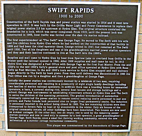 Swift Rapids Dam - plaque by first Superintendent George Page's relatives