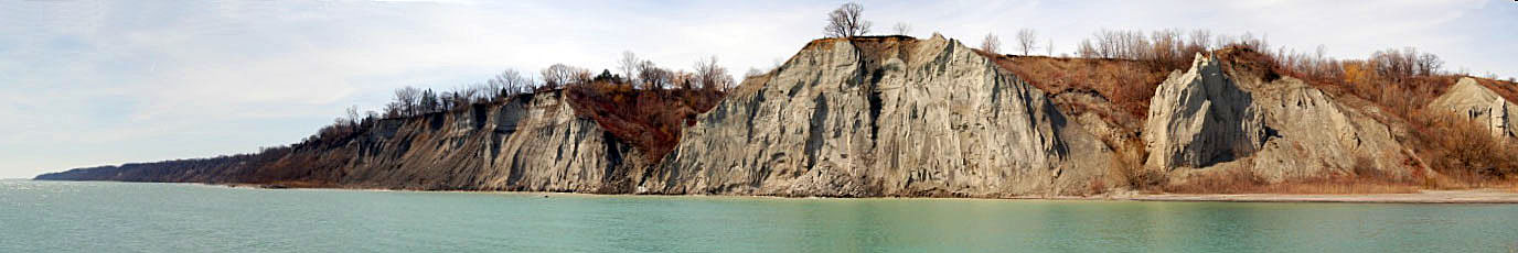 A panorama of the Scarborough Bluffs taken from across the bay in Bluffers Park